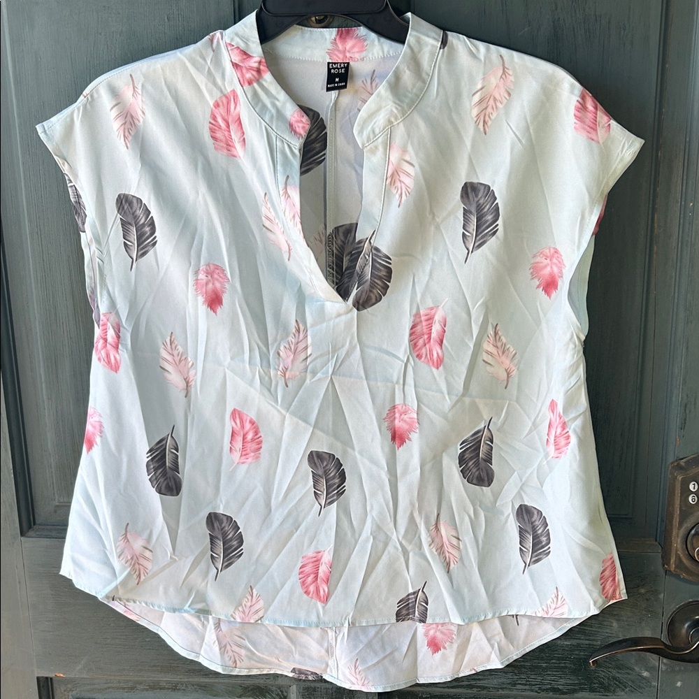 Faded Glory Pink and Gray Leaf Print Blouse